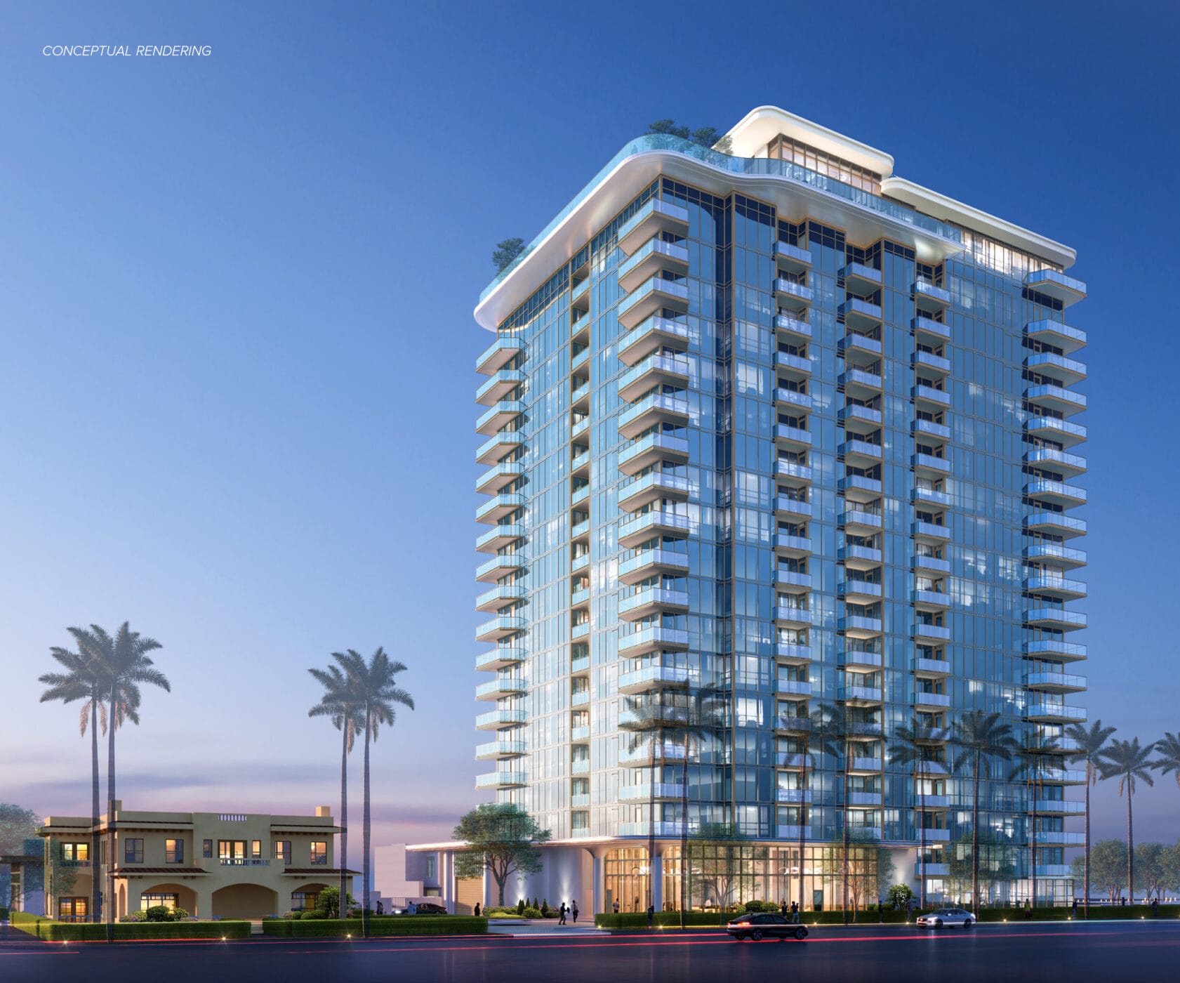 Conceptual design rendering of a wide view of the tower and outlying pad buildings to be built at 6th & Palm.