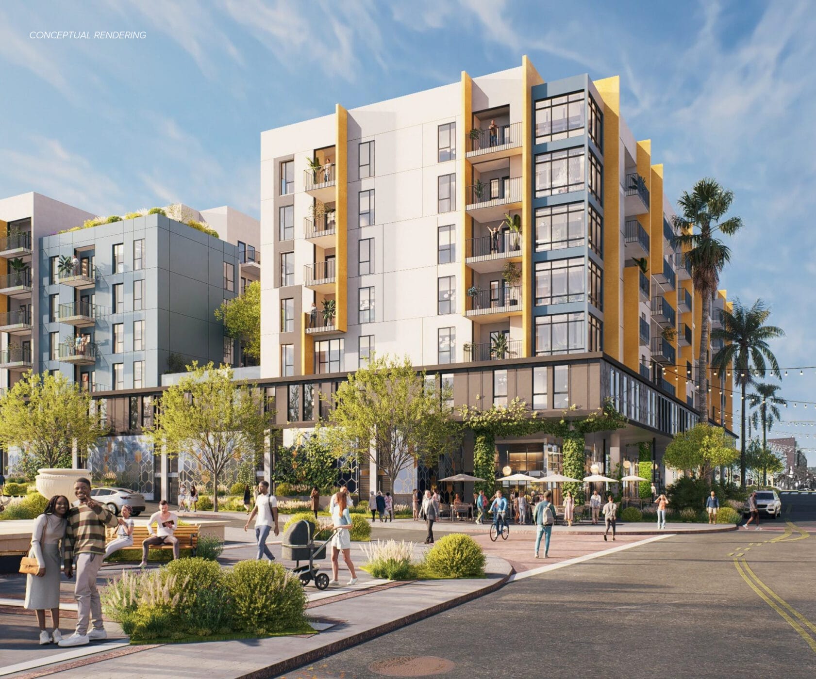 Conceptual rendering of the Jules San Pedro building as viewed from the corner of Beacon St & 6th St. The proposed retail space is on the first floor, and the floors above are the residential units.