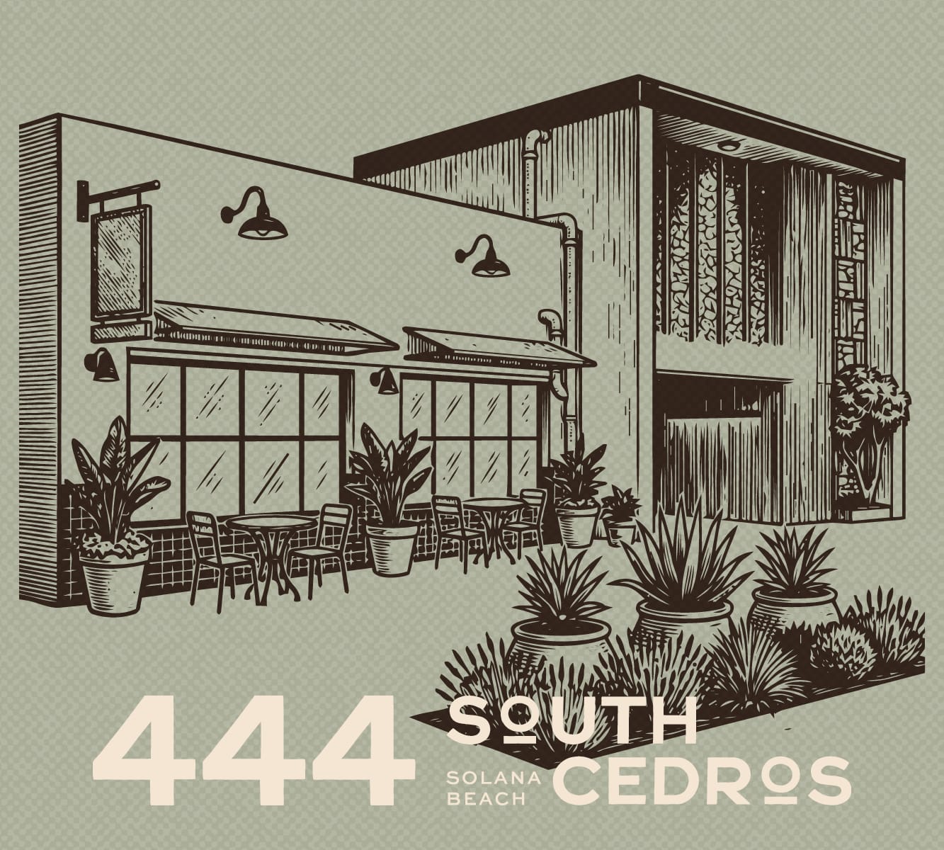 Line drawing of a building with a muted green background