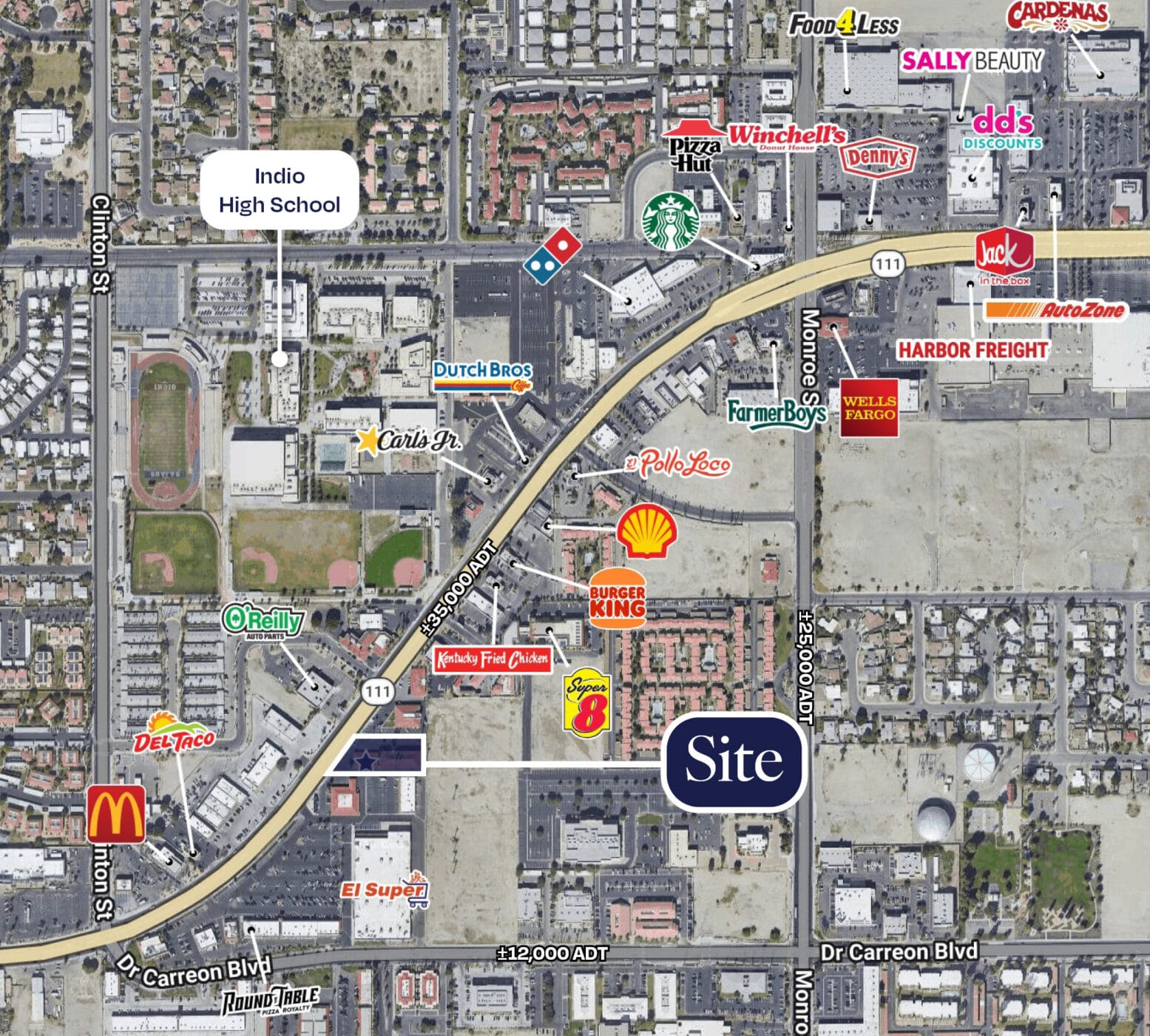 Aerial of 81703 CA 111 and surrounding retail corridor along CA 111 (35,000 ADT). with El Super and Dr Carreon Blvd (12,000 ADT) to the South, Indio High School to the North, and Indio Plaza to the Northeast.