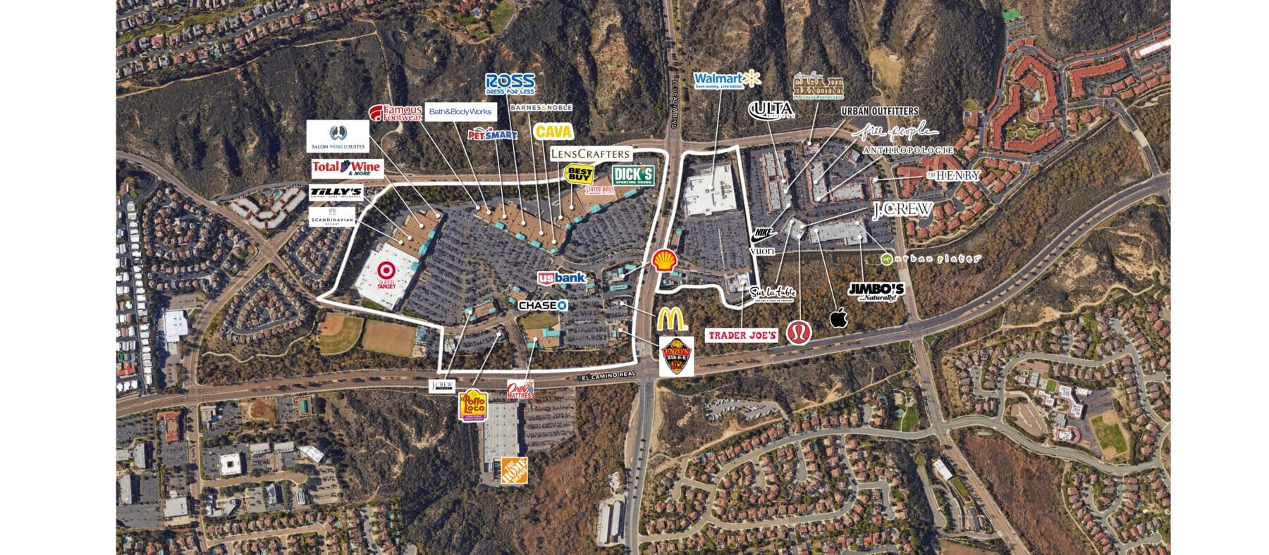 Aerial view of a shopping center with logos overlaid of the tenants