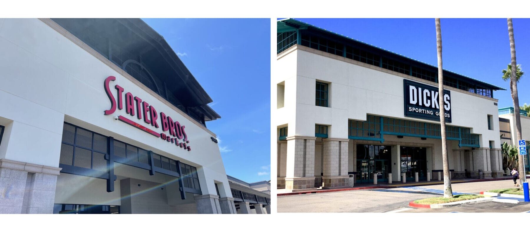 Two images of buildings side by side that are painted white with black roofs