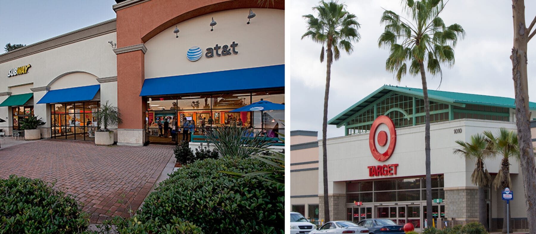 Two images of storefronts side by side. One with a green roof and palm trees in front, and the other with a red and blue facade.