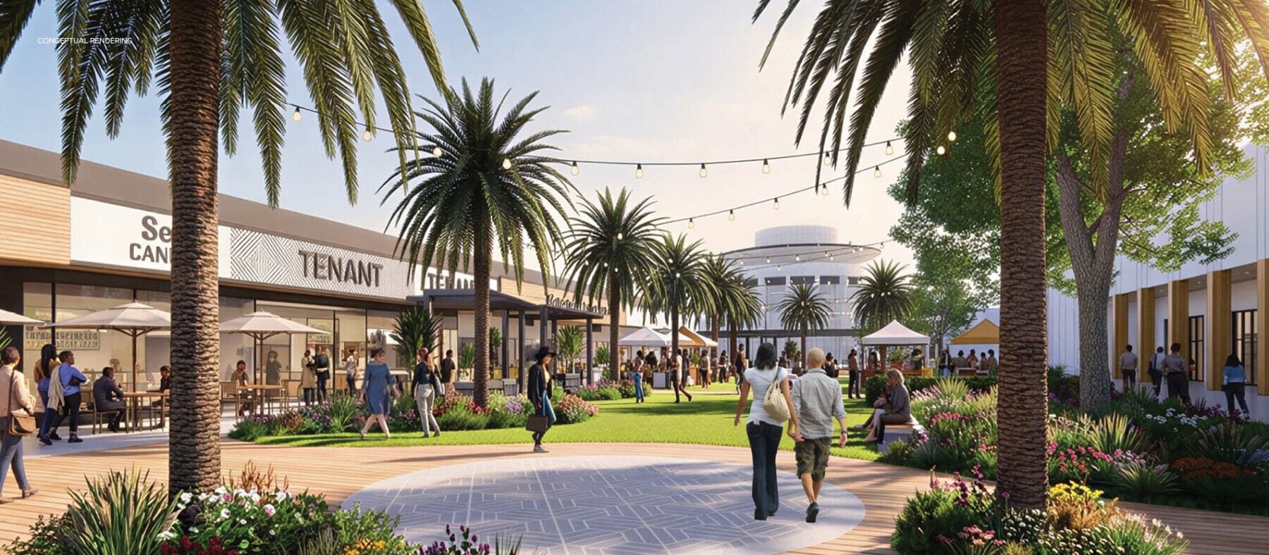 Rendering of a mall with palm trees, shops, and people walking