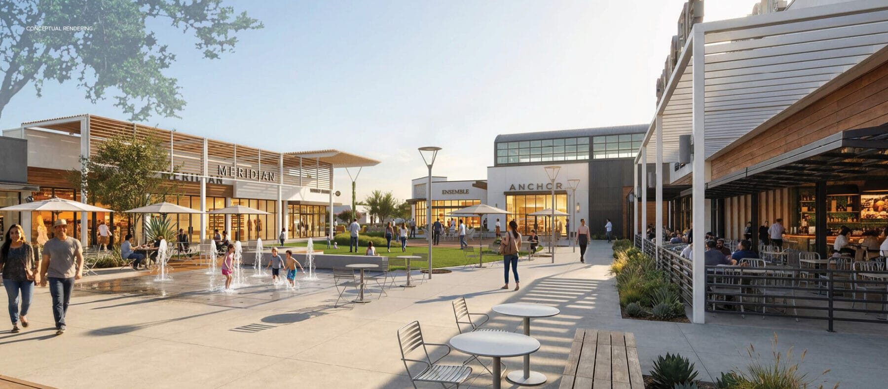 Rendering of a mall with palm trees, shops, and people walking
