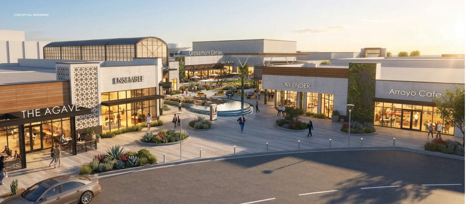 Bird's eye view rendering of a mall with shops and people walking