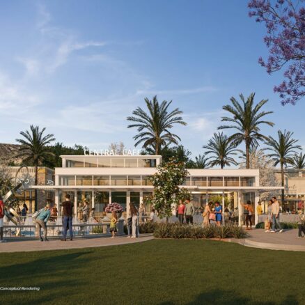 Rendering of a white building with palm trees in the background