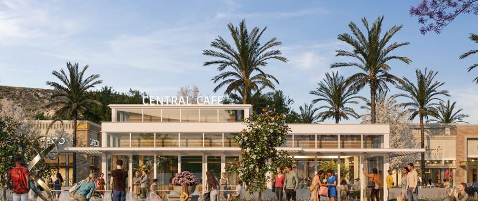 Rendering of a white building with palm trees in the background