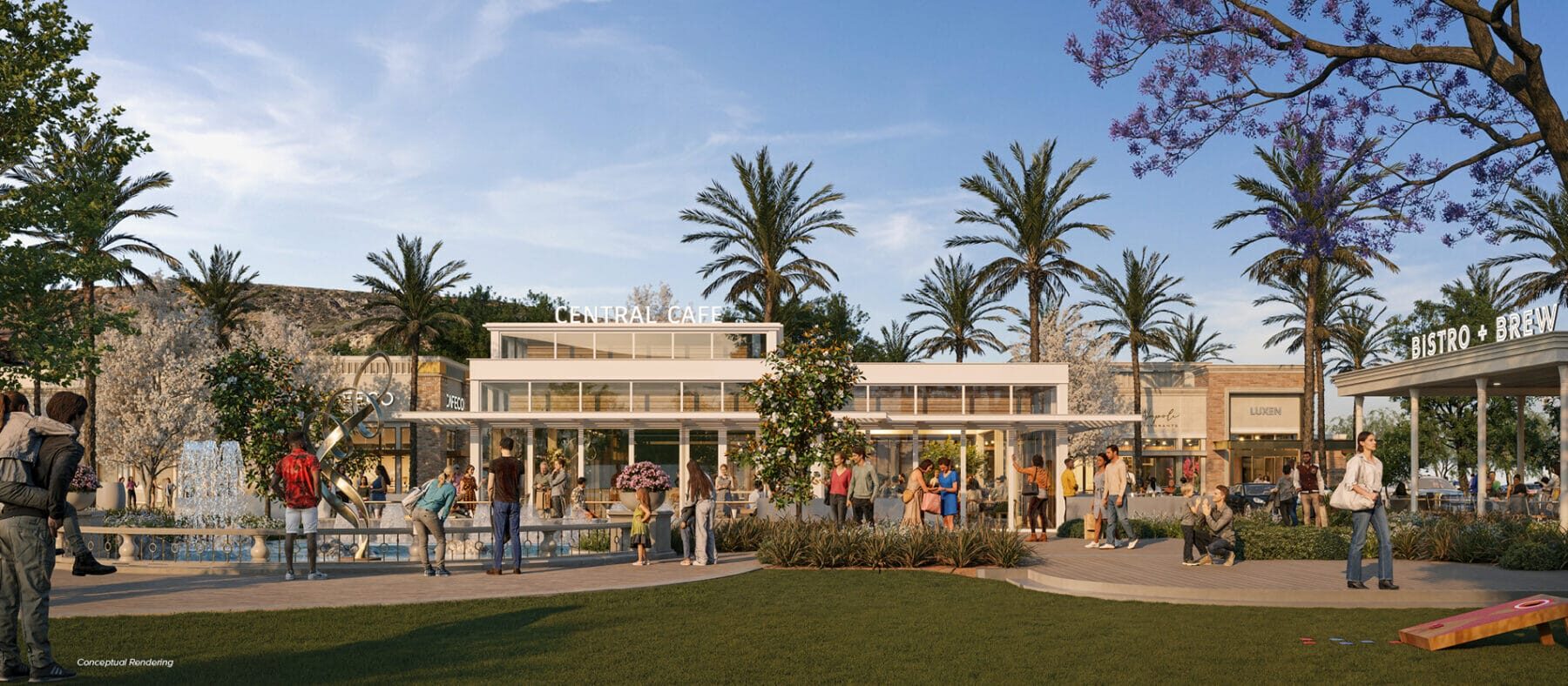 Rendering of a white building with palm trees in the background