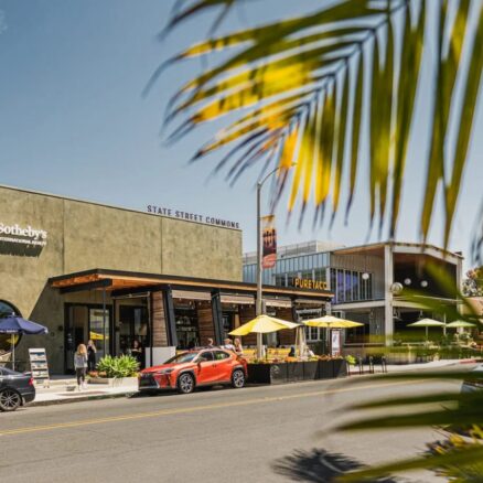 Coastal storefronts featuring a variety of retail shops with palm trees surrounding