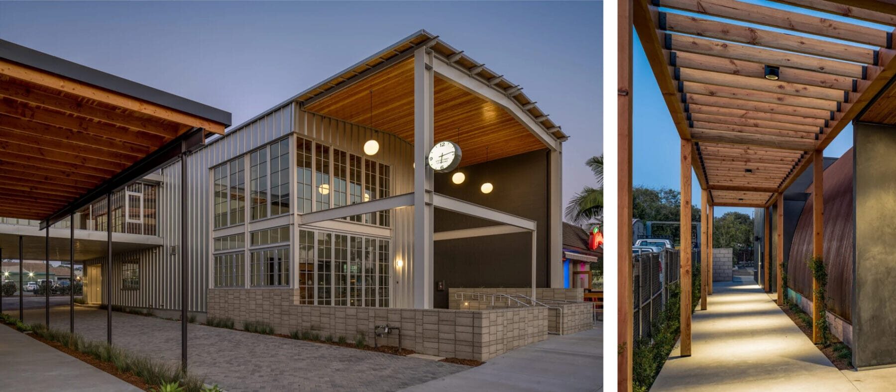 Side by side images at dusk of a single story building with wood trim