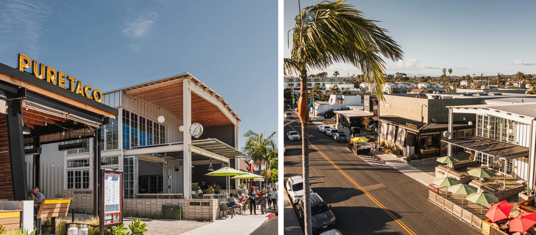 Coastal storefronts featuring a variety of retail shops with palm trees surrounding