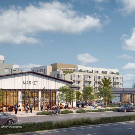 Rendering of a white building, on a busy street with people walking by