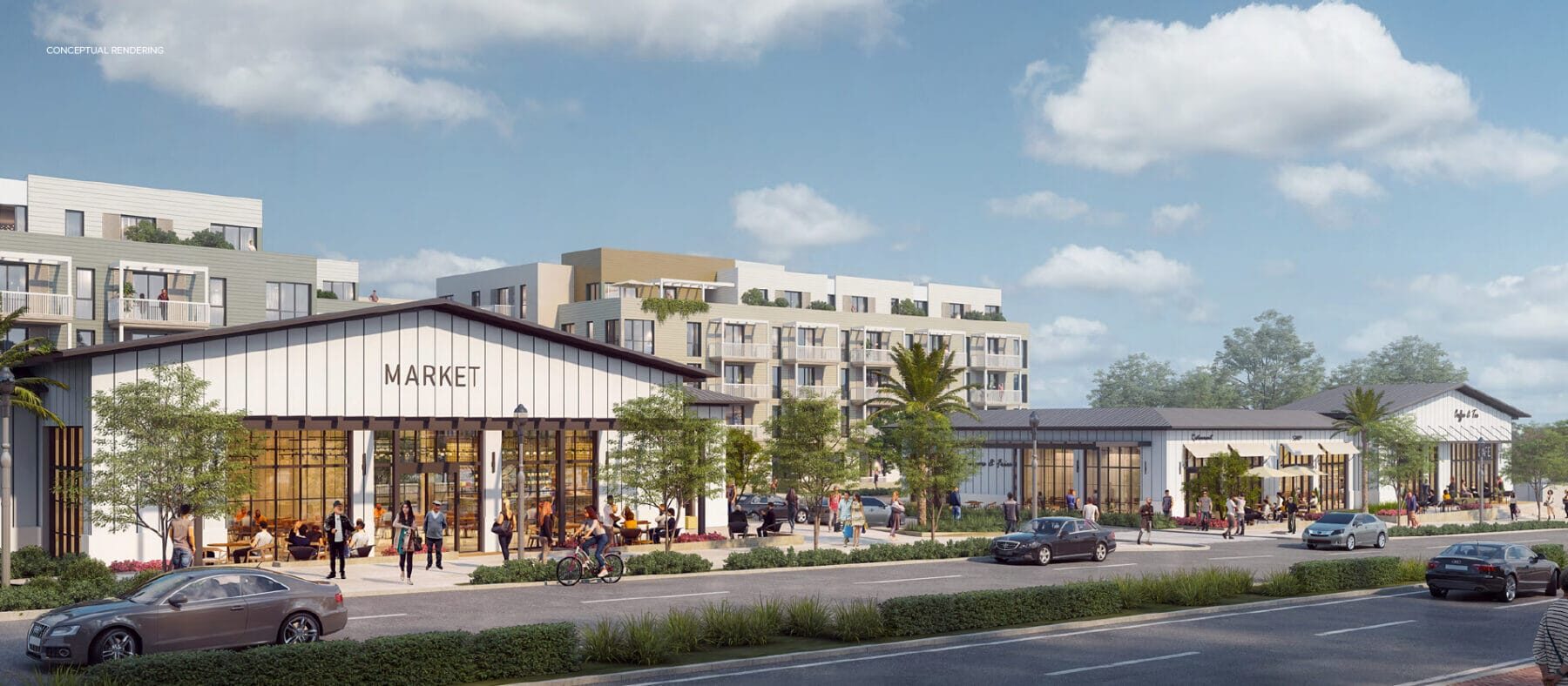 Rendering of a white building, on a busy street with people walking by