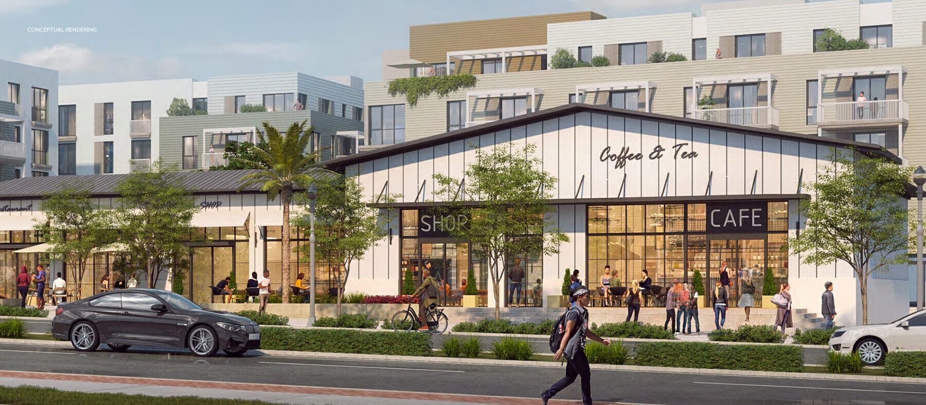 Rendering of a white building, on a busy street with people walking by