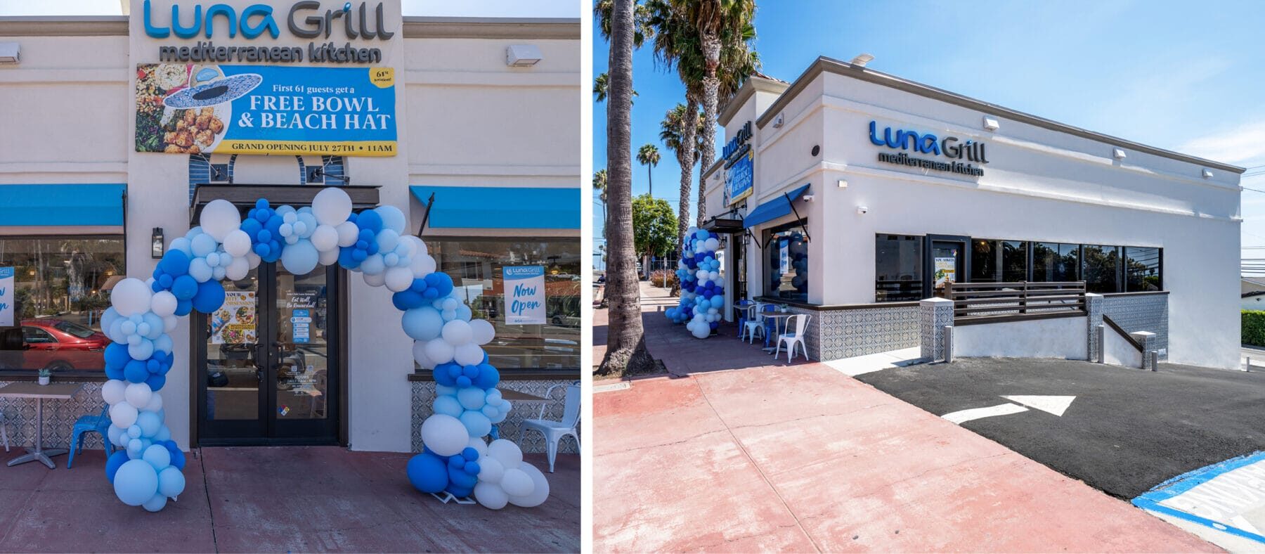 Two images, side by side of the same white stucco building, but different angles
