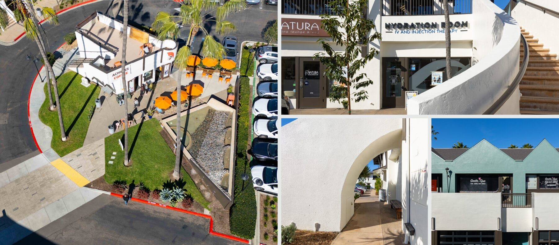 Collage of a shopping plaza with blue and white buildings and palm trees