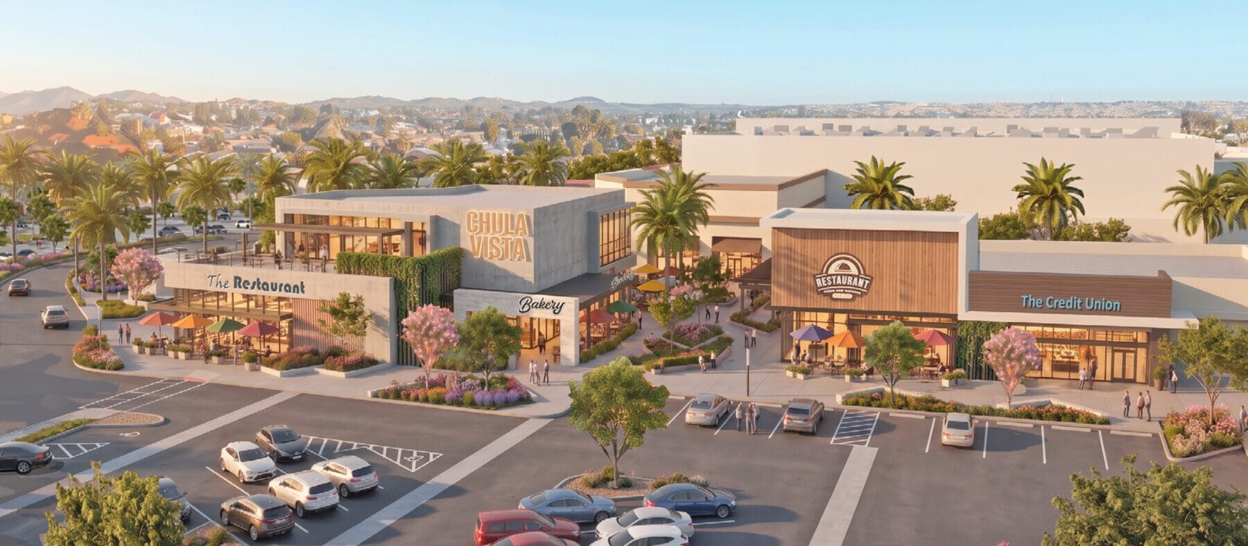 Rendering of a shopping center from an aerial view