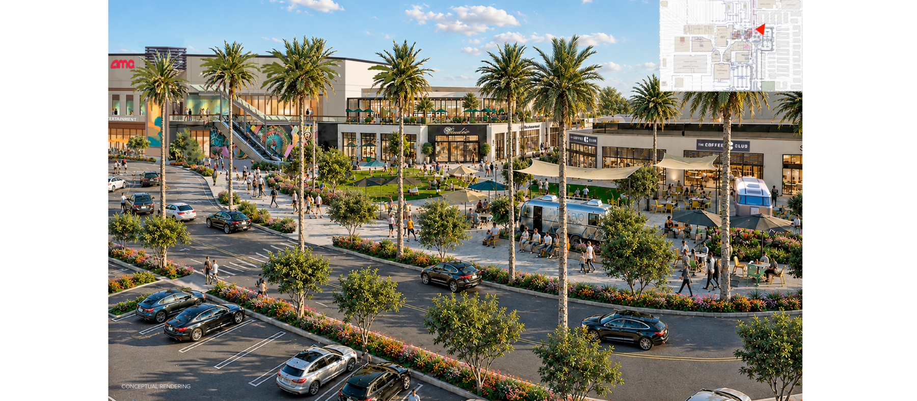 Rendering of a shopping center from an aerial view
