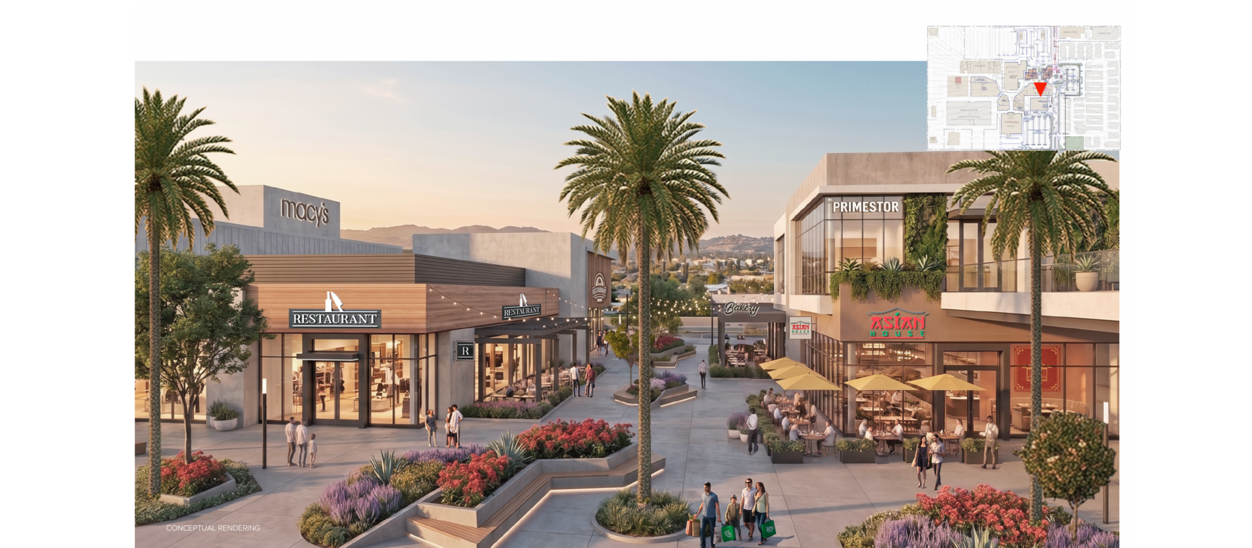 Rendering of a shopping center fat dusk rom an aerial view