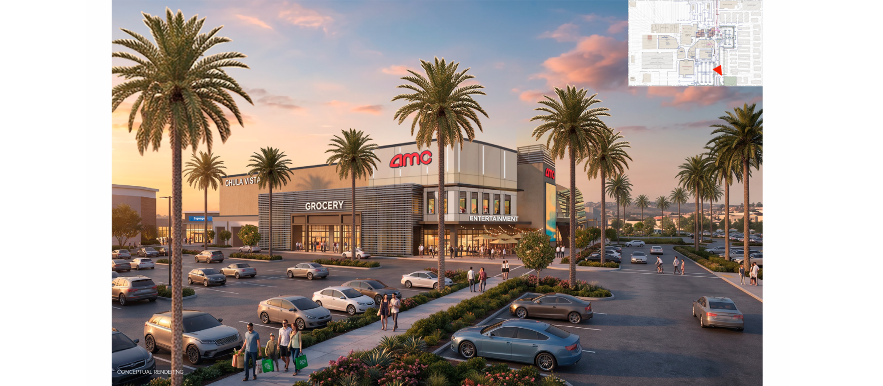 Rendering of a shopping center at dusk from a ground level view