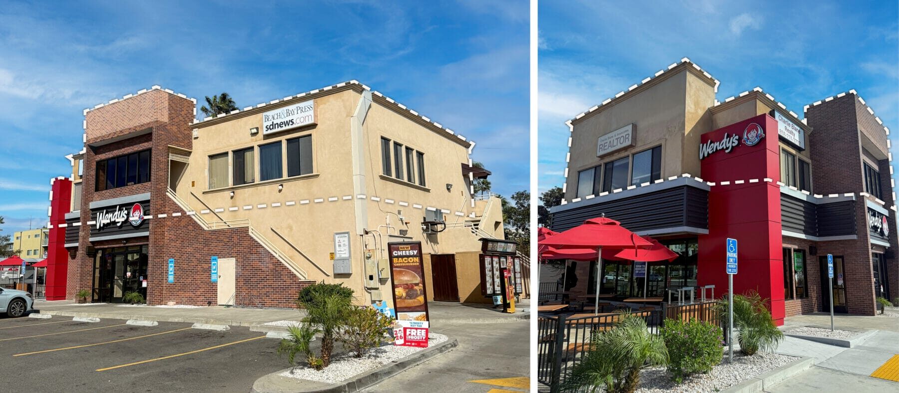 Left image: Side to back view of the building facade at 1621 Grand Ave. The side entrance and the first entrance to the 2nd floor are on the side of the building. The Wendy's drive-thru entrance is located at the back of the building along with a second entrance to the 2nd floor. Right Image: Front building facade of 1621 Grand Ave as viewed from the entrance to the parking lot off of Grand Ave. Wendy's and the outdoor dining area are on the first level, and the available office spaces are seen on the 2nd.