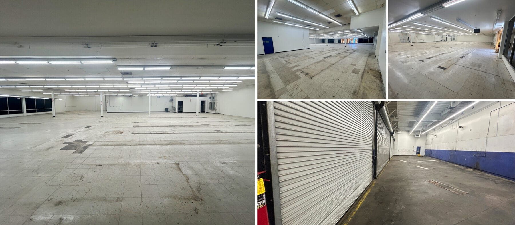 Different angles of the empty interior of 2041 Mission Ave: facing the North wall with the bathrooms located in the back right corner, the front entrance and floor-to-ceiling windows on the left and the back wall on the right. Includes views looking towards the front windows from the East corner with the back door on the left, from the front/west corner facing the back of the building, and the back interior view of the loading bay with the roll-down doors on the left.