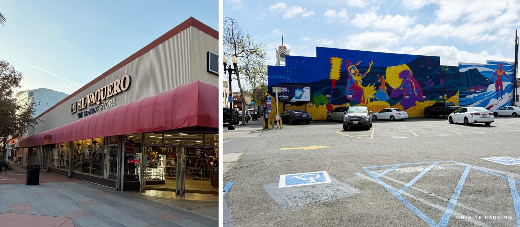 Two images, one of the storefront and another of the parking lot