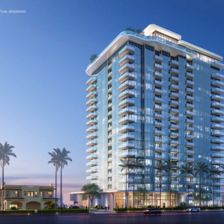 Conceptual design rendering of a wide view of the tower and outlying pad buildings to be built at 6th & Palm.