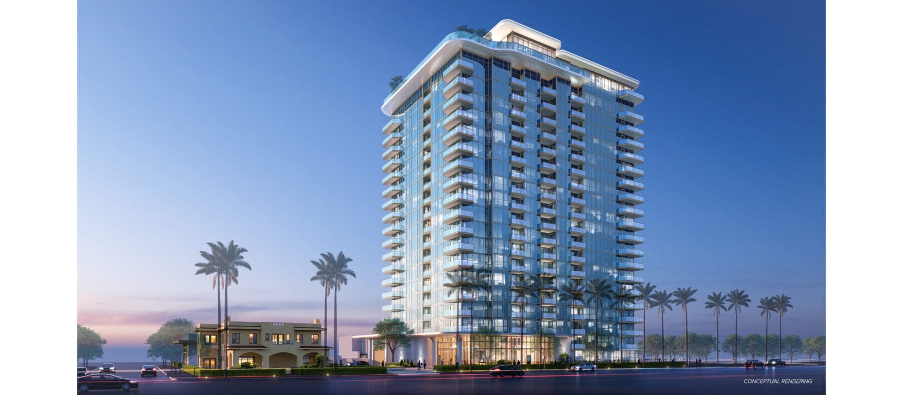 Conceptual design rendering of a wide view of the tower and outlying pad buildings to be built at 6th & Palm.