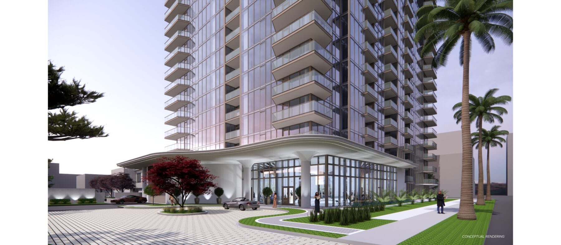 Conceptual design rendering of the view from the front facade of the tower to be built at 6th & Palm.