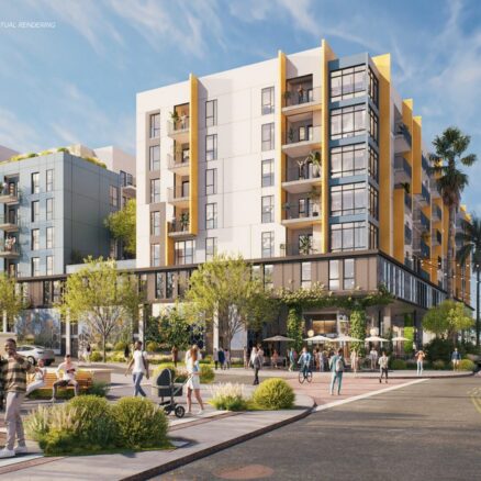 Conceptual rendering of the Jules San Pedro building as viewed from the corner of Beacon St & 6th St. The proposed retail space is on the first floor, and the floors above are the residential units.