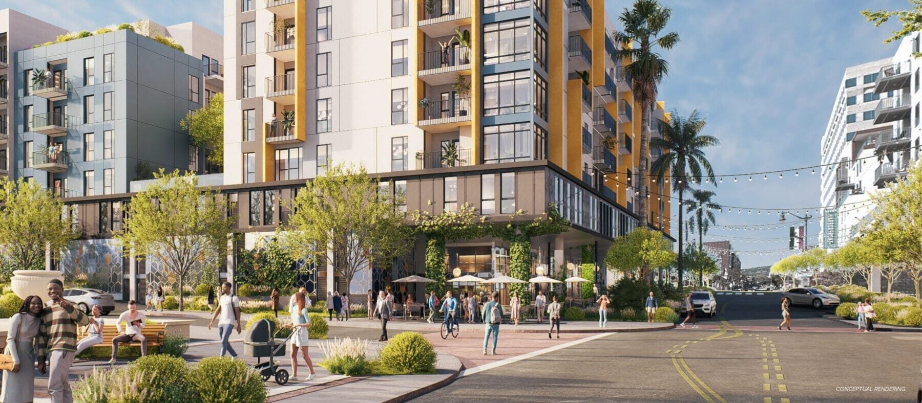 Conceptual rendering of the Jules San Pedro building as viewed from the corner intersection of Beacon St & 6th St. The proposed retail space is on the first floor corner, and the floors above are the residential units.