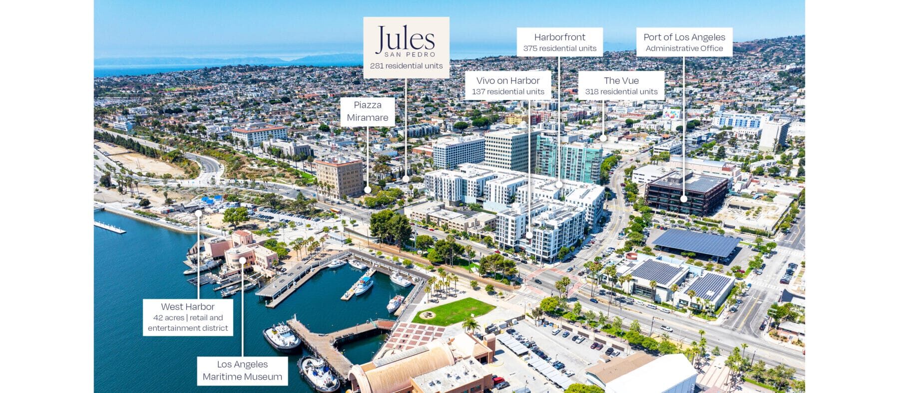 Aerial view of the San Pedro Waterfront District looking Southwest. The following landmarks are included from left to right: the 42-acre West Harbor retail and entertainment district, the LA Maritime Museum, Piazza Miramare, Jules San Pedro (281 residential units), Vivo on Harbor (137 residential units), Harborfront (375 residential units), The Vue (318 residential units), and the Port of LA Admin. Office.