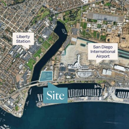 Aerial view of Liberty Station East at 2210 Lee Court, San Diego with the San Diego International Airport to the Northeast and Liberty Station to the Northwest