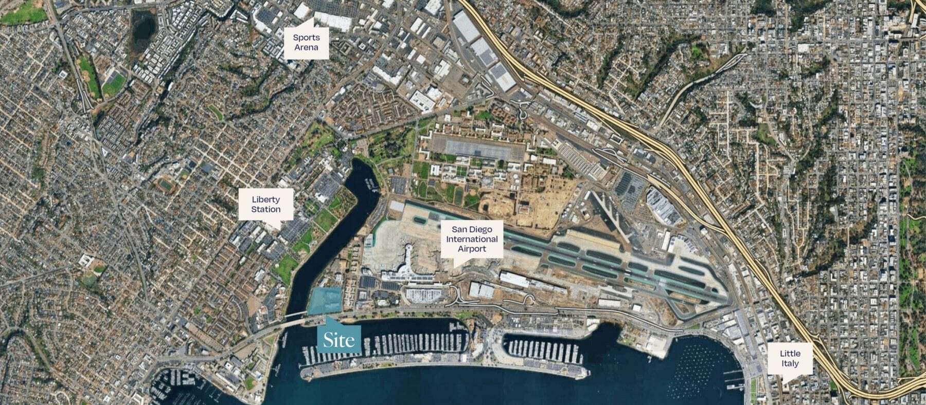 Aerial view of Liberty Station East at 2210 Lee Court, San Diego with the San Diego International Airport to the Northeast, Liberty Station to the Northwest, Sports Arena to the North, and Little Italy to the East.