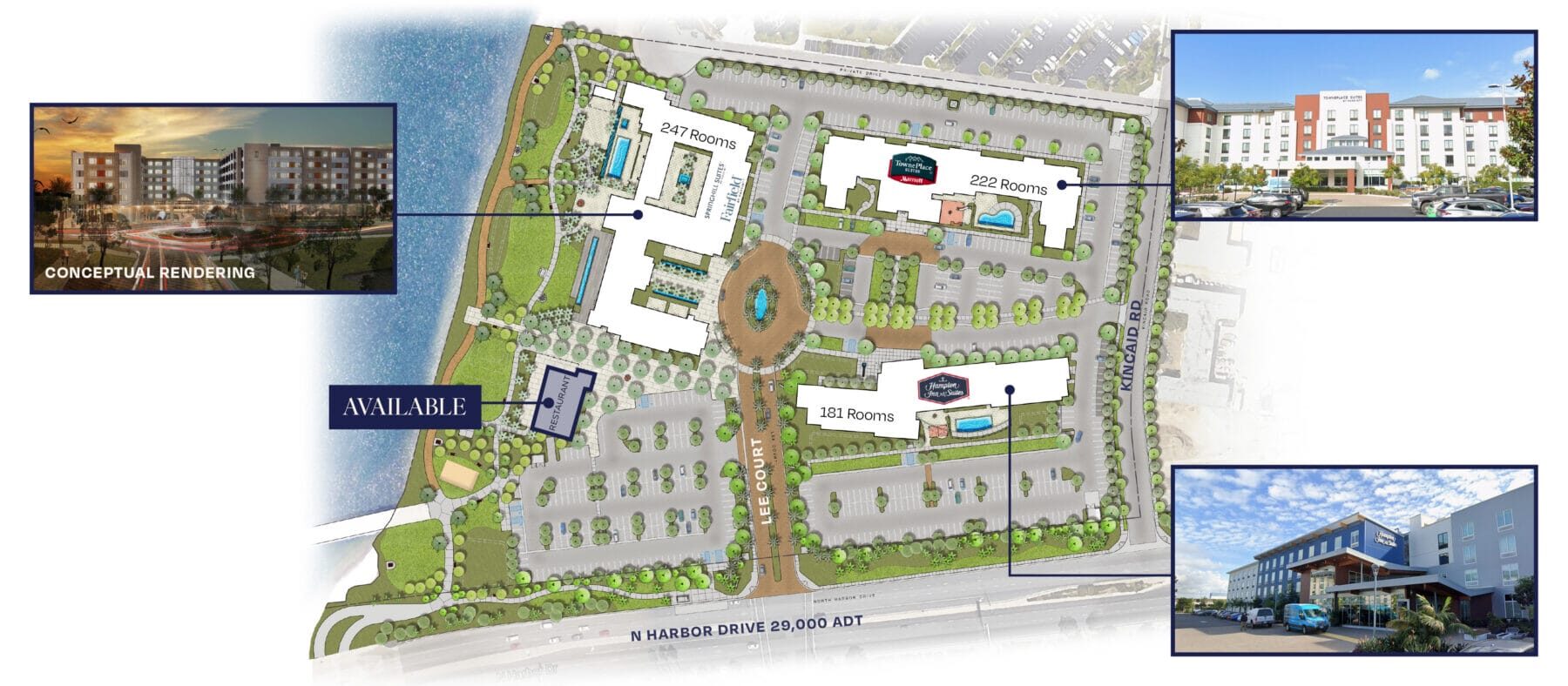 Site plan of Liberty Station East with 2210 Lee Court highlighted as the available space. The surrounding hotels Springhill Suites/Fairfield (247 rooms), Towne Place Suites (222 Rooms), and Hampton Inn and Suites (181 rooms) are shown to the N, NE and E of the site location respectively.
