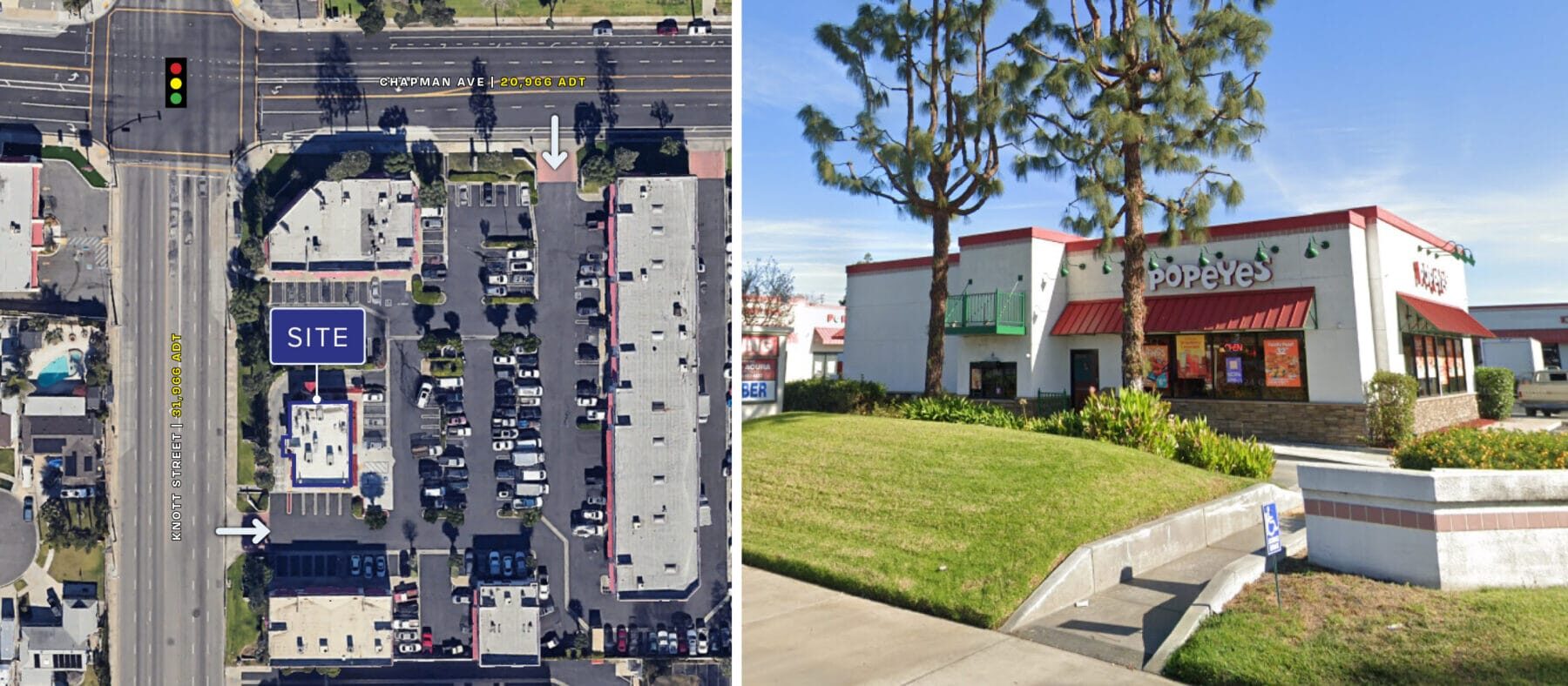 Front view from the street of a Popeye's Drive-Thru building with grass and trees in front, next to an aerial view of the roads showing this drive0thru site