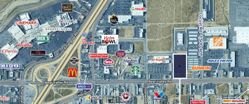 Aerial map of 15068 Bear Valley Rd and the surrounding retail landscape. The Home Depot is the the NE of the site, Smart & Final Extra is the the S, and Victor Valley Plaza, I-15 freeway, and the Mall of Victor Valley are to the West.
