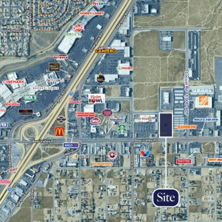 Aerial map of 15068 Bear Valley Rd and the surrounding retail landscape. The Home Depot is the the NE of the site, Smart & Final Extra is the the S, and Victor Valley Plaza, I-15 freeway, and the Mall of Victor Valley are to the West.