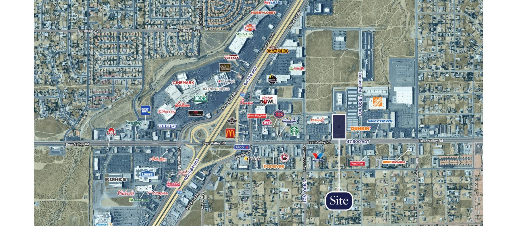 Aerial map of 15068 Bear Valley Rd and the surrounding retail landscape. The Home Depot is the the NE of the site, and Smart & Final Extra is the the S. Victor Valley Plaza, I-15 freeway, and the Mall of Victor Valley are to the West, and Dunia Plaza is to the SW.
