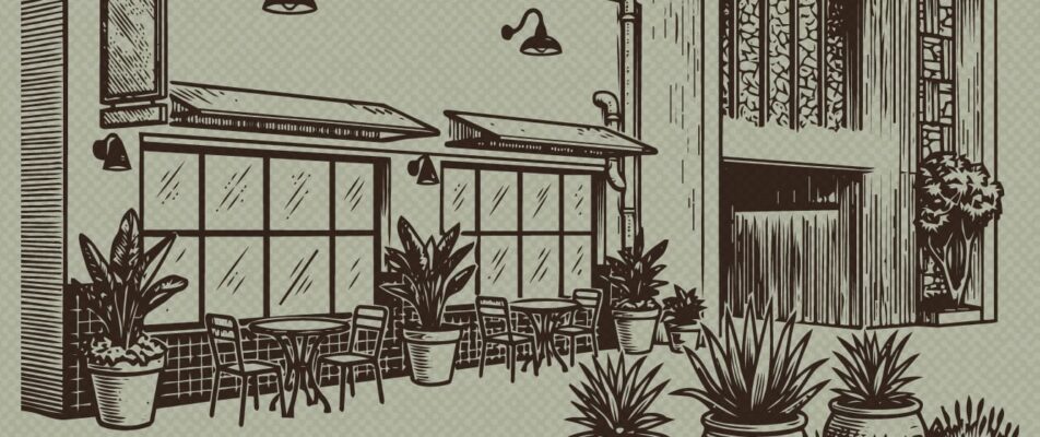 Line drawing of a building with a muted green background