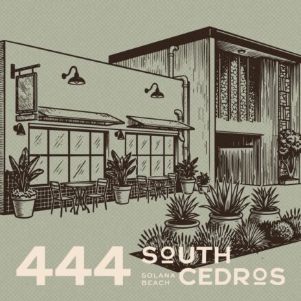 Line drawing of a building with a muted green background