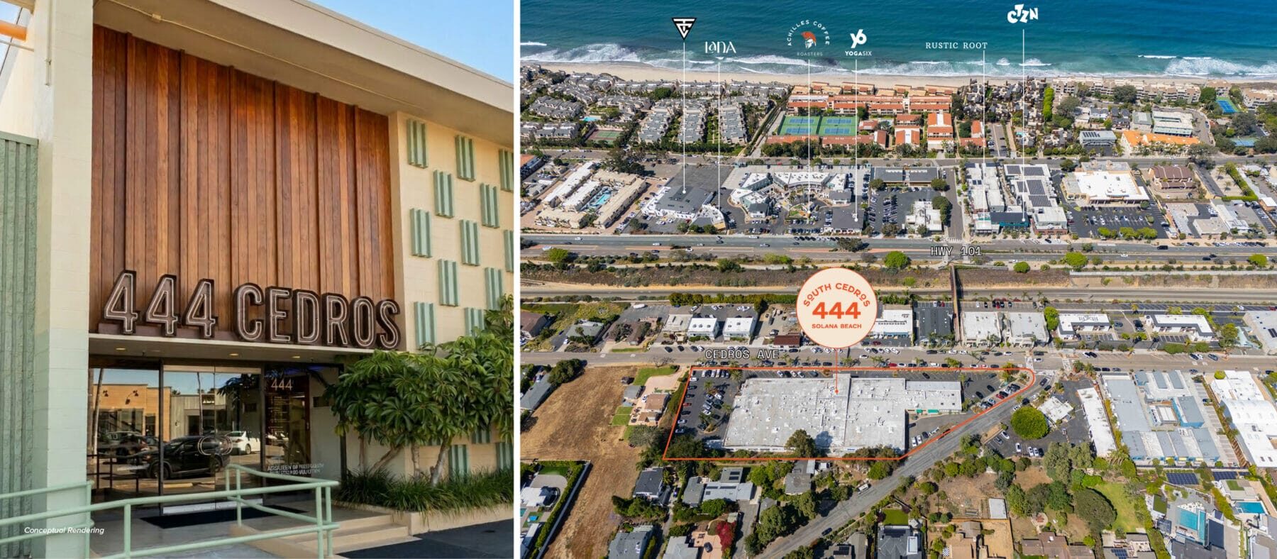 two images side by side, an aerial view calling out the property and an image of the front door of the building