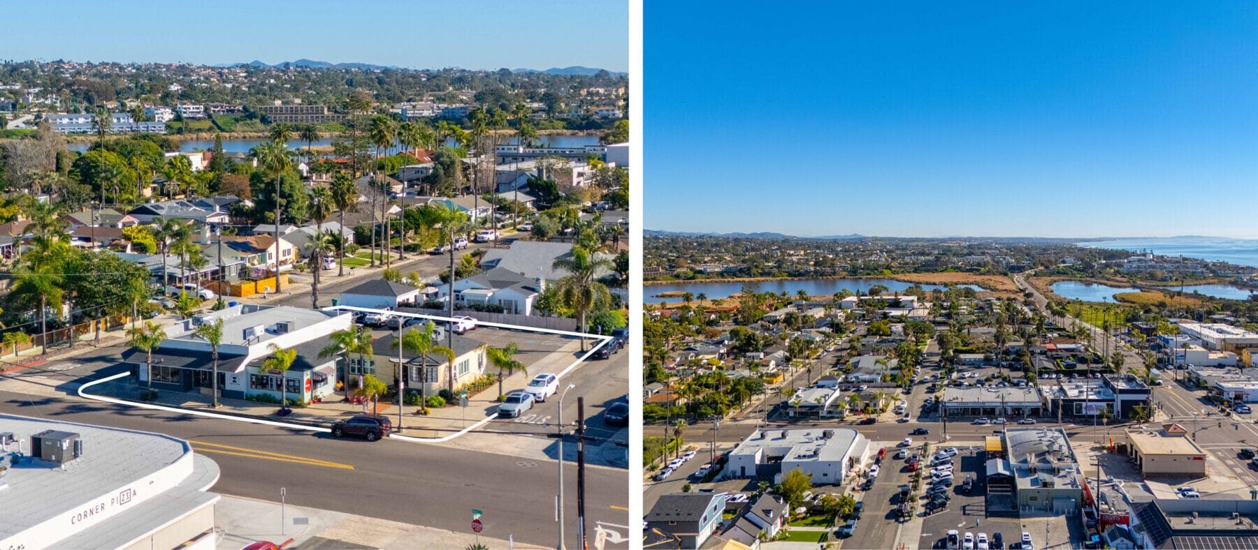 Two aerial views of the property in Oceanside