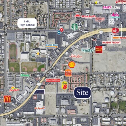 Aerial of 81703 CA 111 and surrounding retail corridor along CA 111 (35,000 ADT). with El Super and Dr Carreon Blvd (12,000 ADT) to the South, Indio High School to the North, and Indio Plaza to the Northeast.