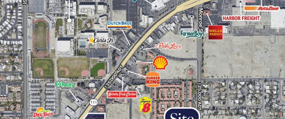 Aerial of 81703 CA 111 and surrounding retail corridor along CA 111 (35,000 ADT). with El Super and Dr Carreon Blvd (12,000 ADT) to the South, Indio High School to the North, and Indio Plaza to the Northeast.