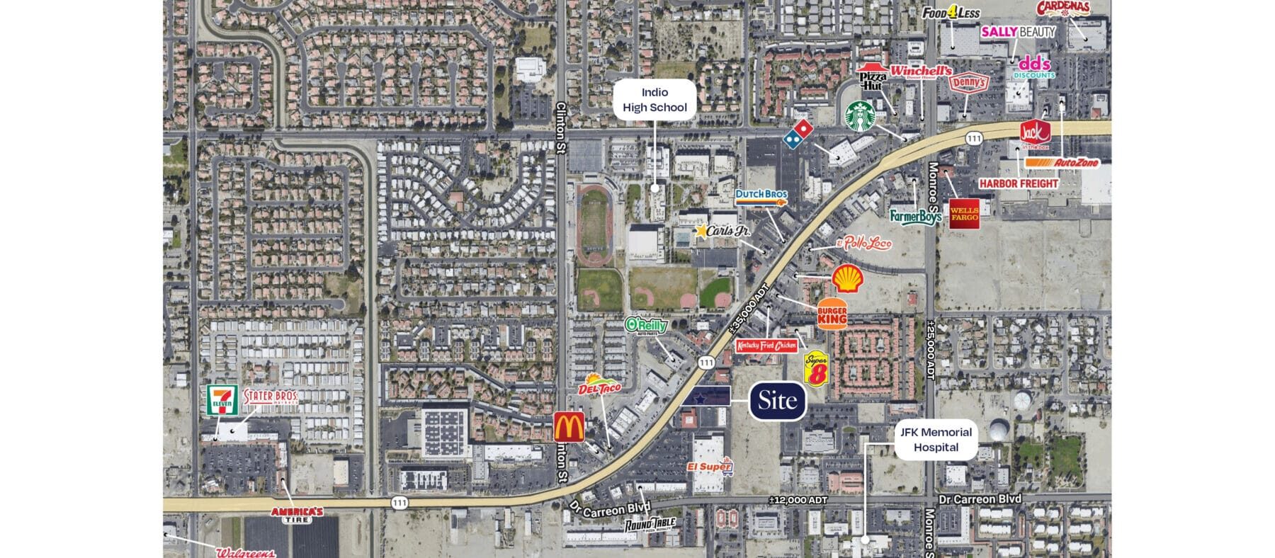 Aerial of 81703 CA 111 and surrounding retail corridor along CA 111 (35,000 ADT). with Stater Bros to the West, El Super and Dr Carreon Blvd (12,000 ADT) to the South, JFK Memorial Hospital to the Southeast, Indio High School to the North, and Indio Plaza to the Northeast.