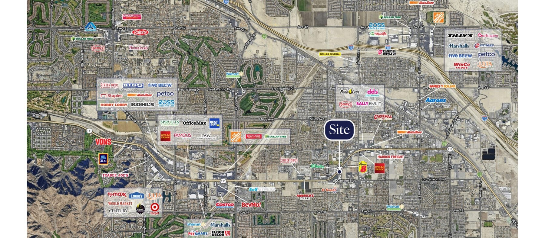 Aerial of 81703 CA 111 and the surrounding trade area with Indio Towne Center (Winco Foods, The Home Depot, Marshalls, Petco) to the Northeast, and the shopping corridor along CA 111 to the West from La Quinta Valley Plaza through Plaza La Quinta, which includes stores like Costco, Target, T. J. Maxx, Lowe's, Walmart, Trader Joe's, Aldi, and more.