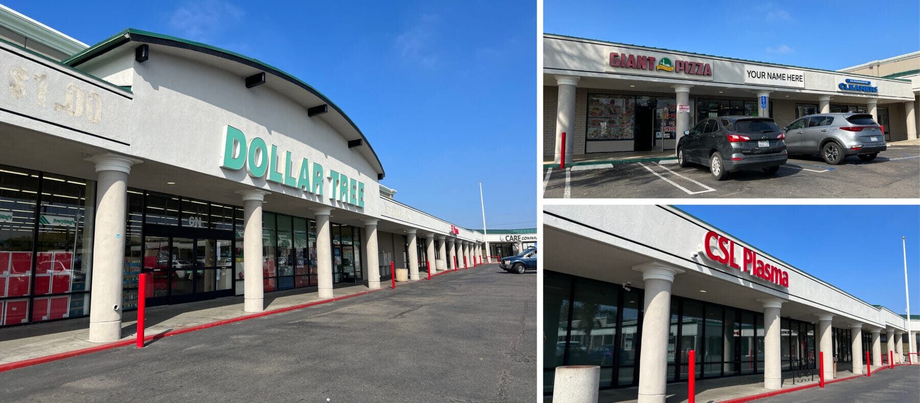 Building facades at National City Plaza. Left: Dollar Tree. Top right: Giant Pizza, Michoacana, and El Dorado Cleaners. Bottom Left: CSL Plasma.